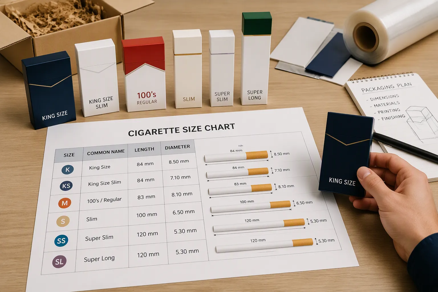 Tabela de tamanhos de cigarros e guia de embalagem