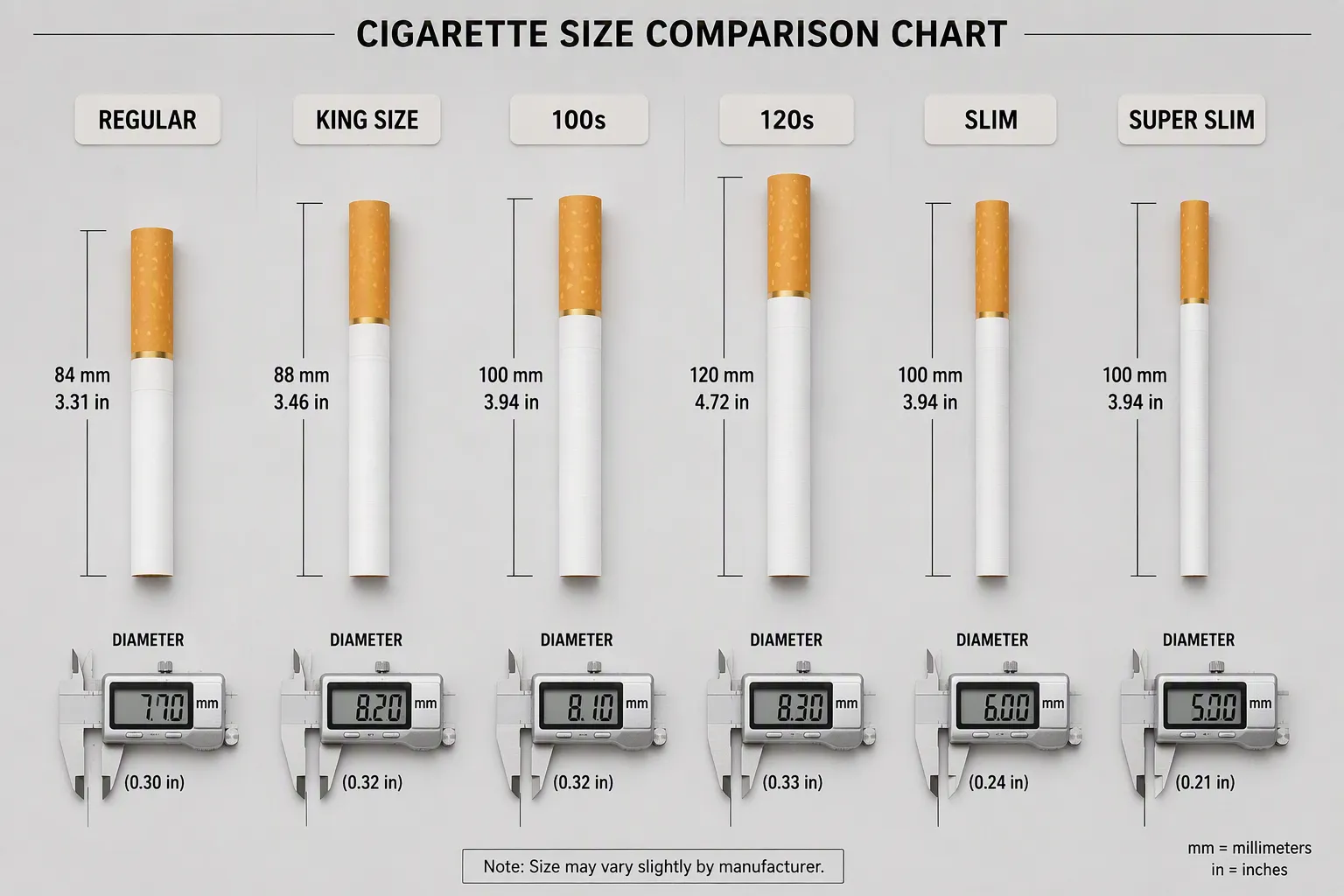 Tabela de tamanhos de cigarros por tipo